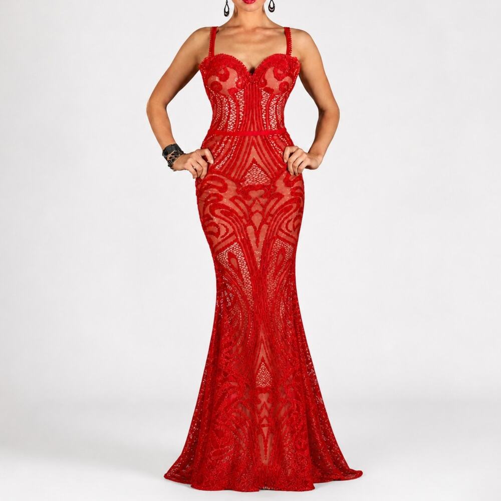 Fouad Sarkis Couture 2162 Evening‎ Gown Red Lace Mermaid Train Dress Size 40